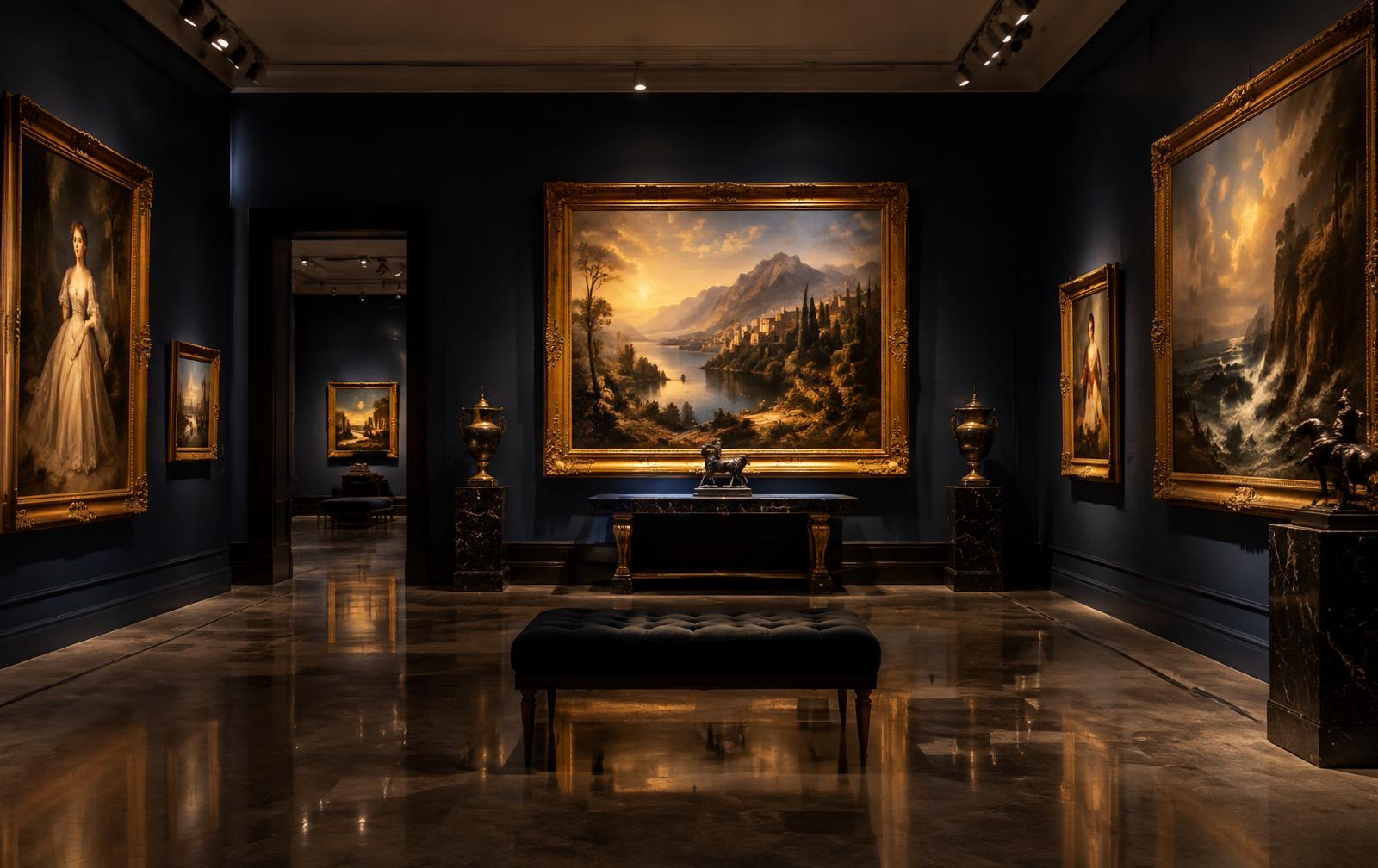 Gallery with framed paintings lit by warm spotlights